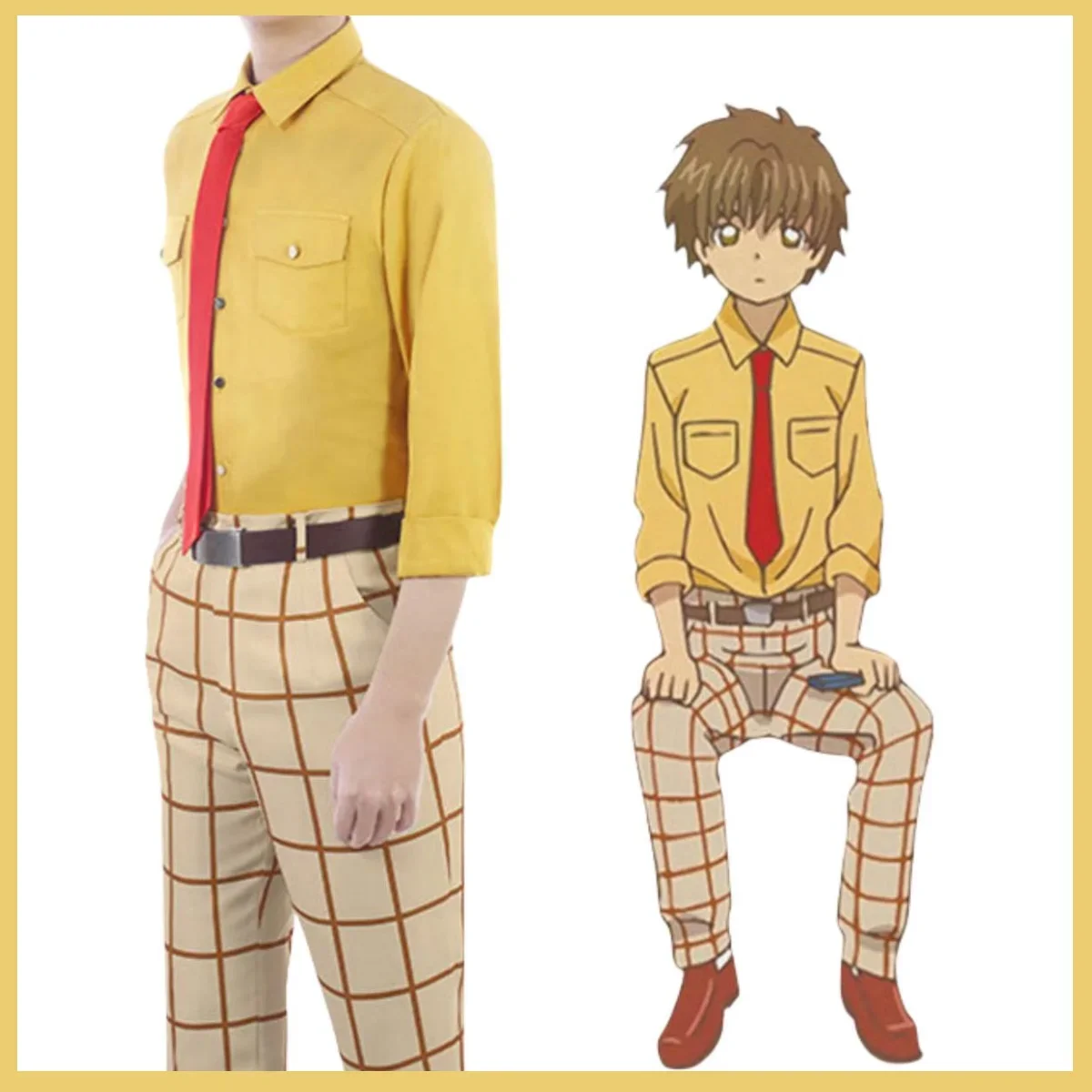 Cardcaptor Sakura Li Syaoran Cosplay Costume pour hommes et femmes, perruque, chemise jaune, pantalon en latex, uniforme, anime, campus imbibé