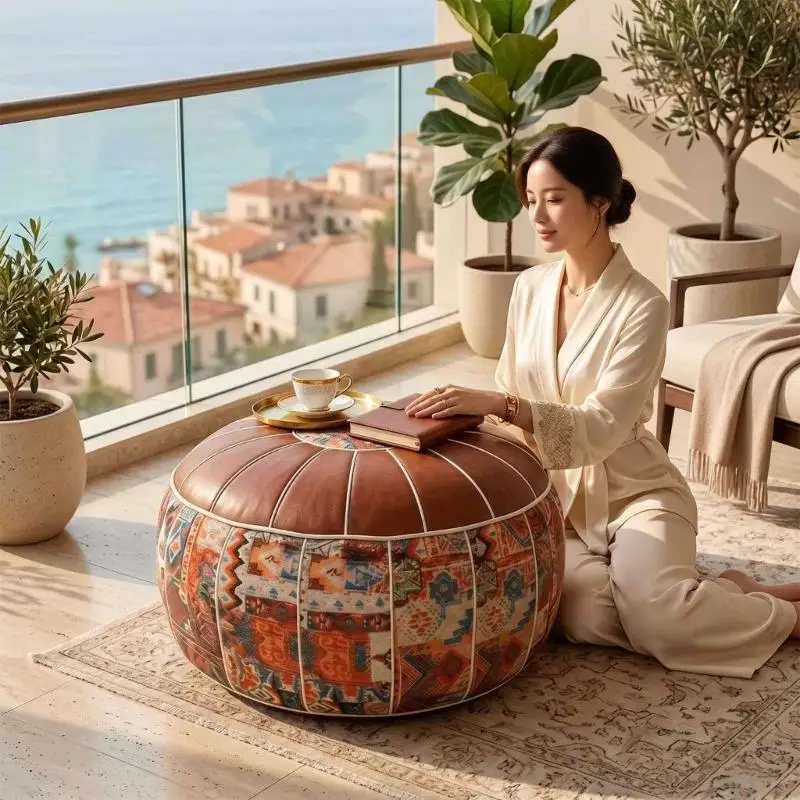 Round Storage Ottoman Pouf for Living Room and Bedroom, Padded Footstool with Soft Item Organiser, Floor Level Design, 37JD