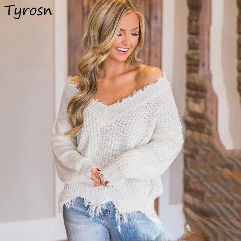 

Knitted Pullovers Women Frayed Loose V-neck Sweaters Casual European Style Simple Mature Females Streetwear Trendy Sueter Mujer