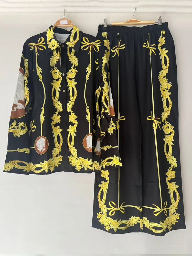 Lente 2026 dames retro geometrisch print revers recht shirt tweedelig pak + wijde broek in grote maat, modieus pak