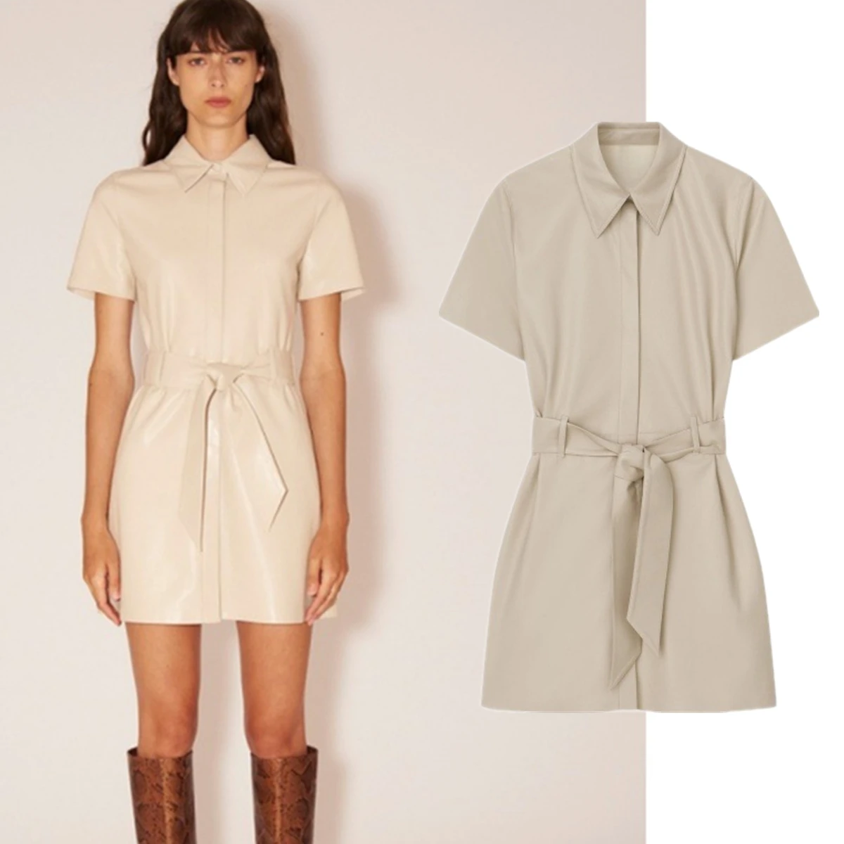 

Maxdutti Minimalist Soft Protein Leather Short Sleeve Shirt Dress Women's Casual Dresses Female Clothing High Waisted Mini Dress