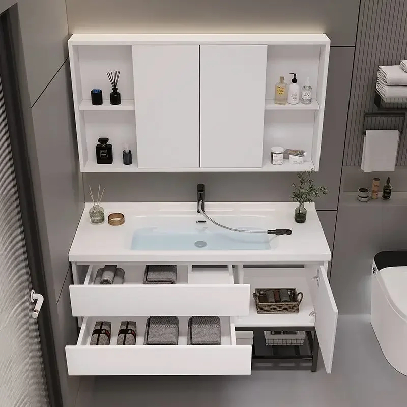 White Bathroom Vanity with Pure White Quartz Countertop & Backsplash, Center Rectangular Sink, 2 Soft Closing Drawers Door