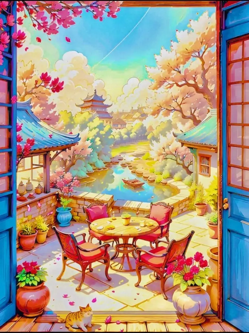 

9ct 60x80cm Afternoon Courtyard Embroidery DIY Chinese Style Printed Kits Cross Stitch Needlework Set Home Decor Crafts New