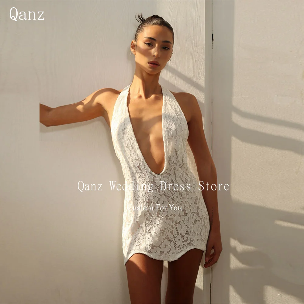Qanz Full Lace Mini Wedding Party Dresses Mini Sexy Deep V Neck Robe De Mariée Sleeveless Short Vestido De Novia Boda Customized