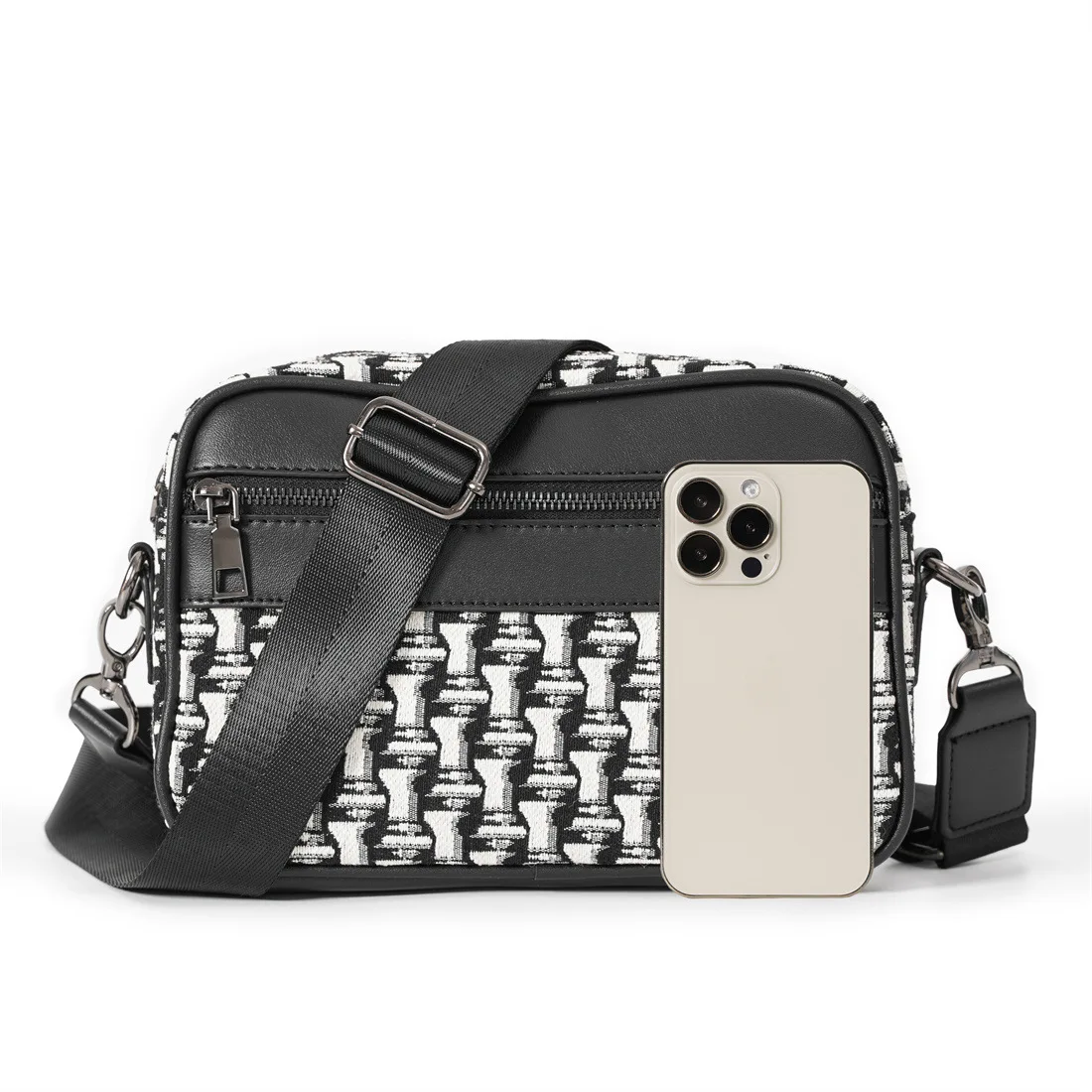 Luxuriöse Umhängetasche im Designer-Stil, Herren-Schultertasche aus Canvas mit Patchwork-Details und PU-Leder, Herren-Schulter-Messenger-Tasche, Handtasche, rechteckige Geldbörse. – Detail 7