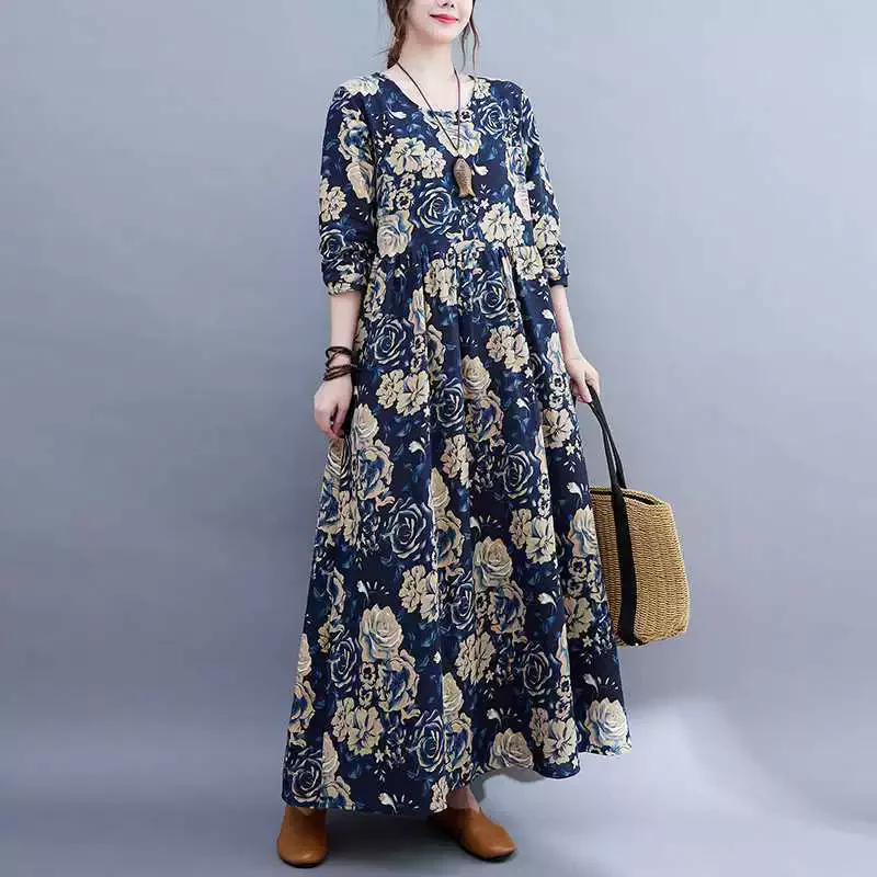 Robe longue d'automne pour femmes, style Boho, décontractée, plage, coton, lin, élégante, col rond, Vintage, Maxi, ample, vêtements pour femmes