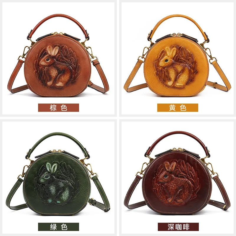 New rabbit embossed handbag leather women\'s handbag ethnic style small round head leather Single Shoulder Messenger Bag