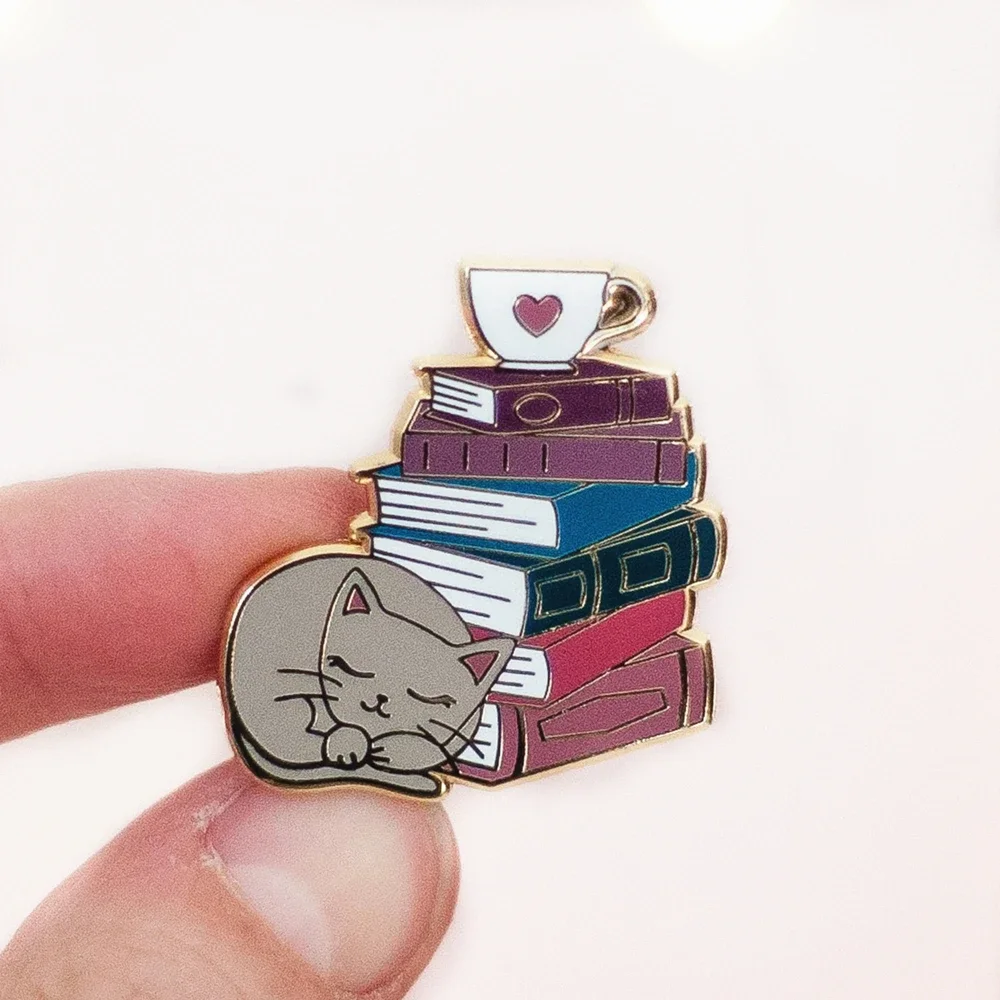 Cute Cartoon Cat Book Stack and Teacup Hard Enamel Pin Kawaii Animal Kitty Medal Brooch Fashion Lapel Backpack Pins Jewelry Gift