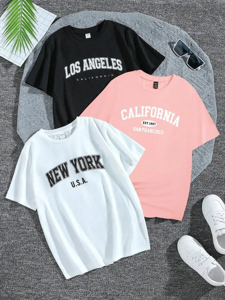 Vintage New York Los Angeles T Shirt 3 Pcs Set Women Retro California Varsity Letter Print Tee O Neck Loose Casual Short Sleeve Tops Pack
