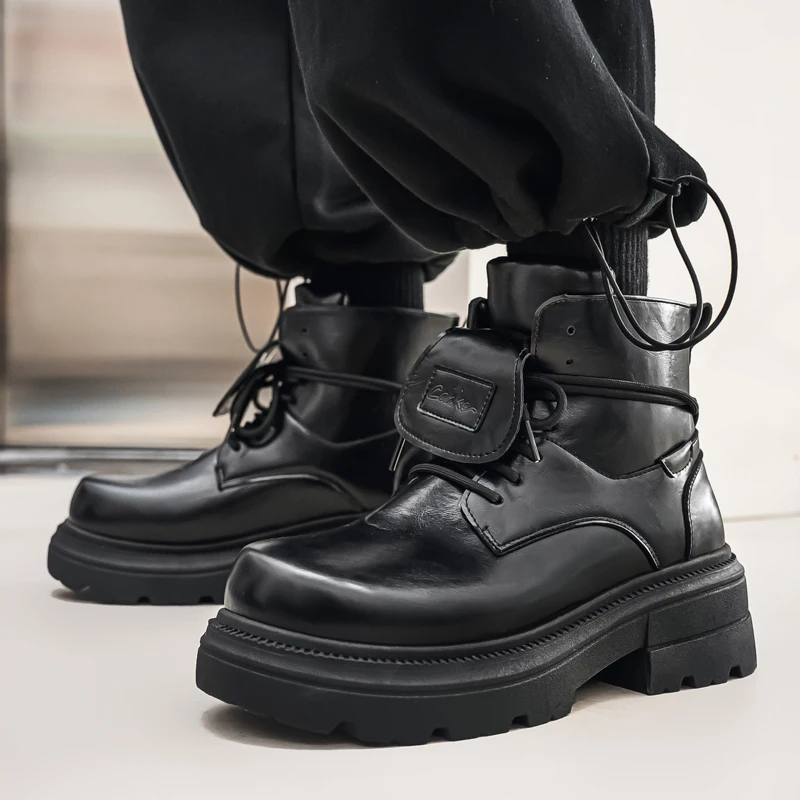 Men Black Leather Ankle Boots Lace Up Thick Lug Sole Square Toe Heightening Casual Fashion Outdoor Platform Short Boots view 6