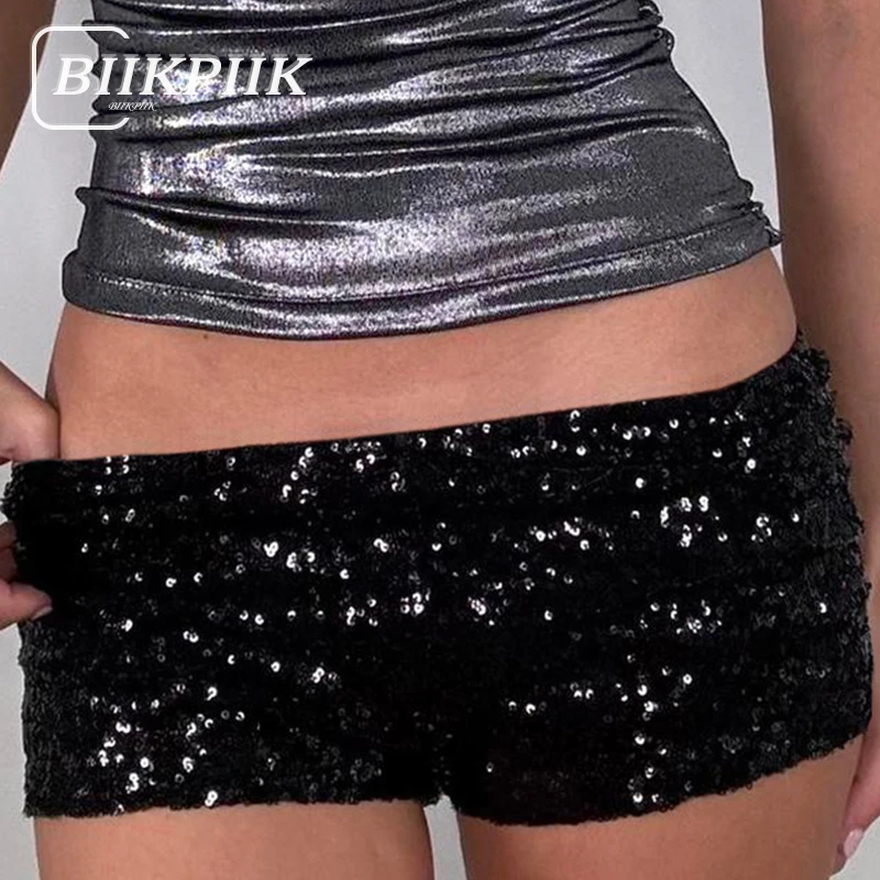 

BIIKPIIK Party Mini Sequined Shorts Fashion Club Low Waist Skinny Shorts Sexy Hot Girl Y2K Bling Pants Midnight Birthday Bottoms