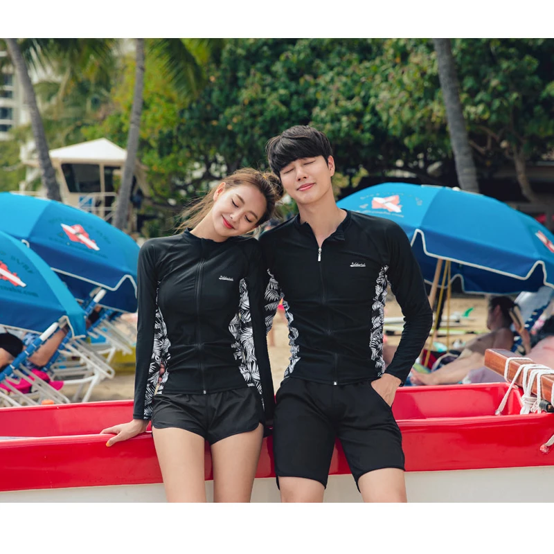 wisuwore Long Sleeve Rash Guard Couples Women Print High Neck Swimsuit Swimwear Bathing Suits Surfing Long Pant