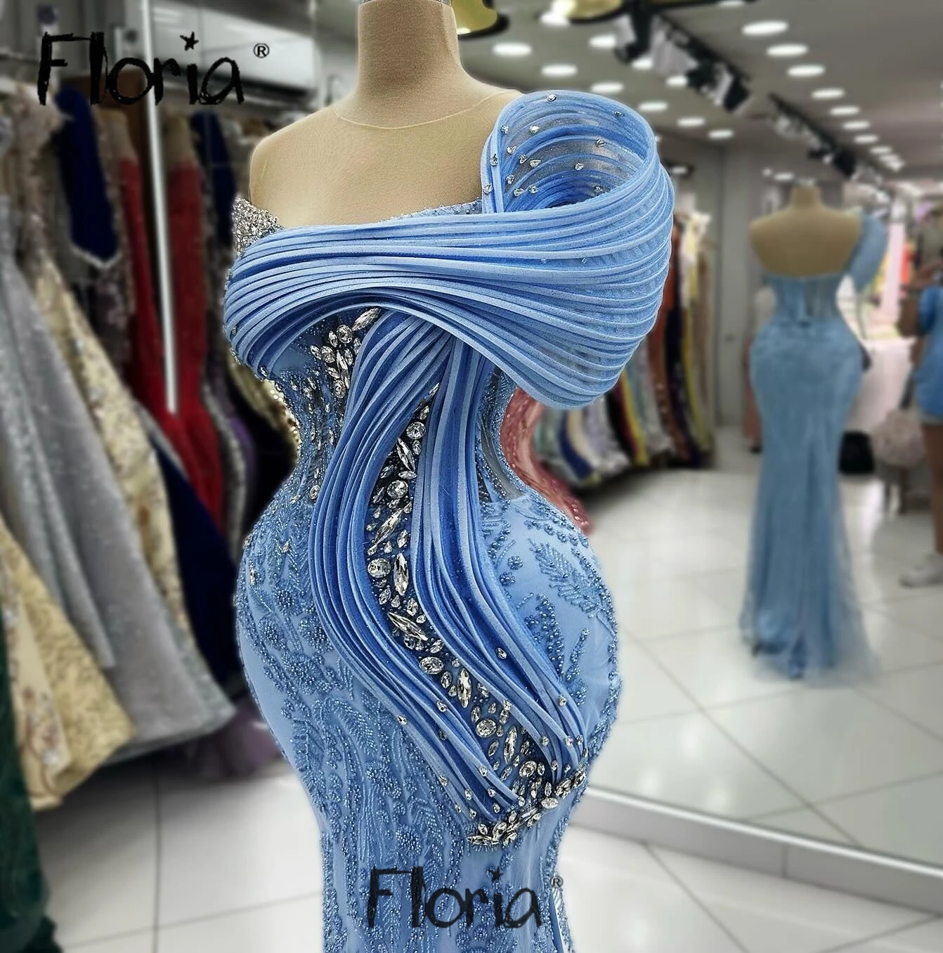 Floria Chic Blue Ruched Celebrity Dresses Sheer Neck Luxury Wedding Guest Gowns Women Vestidos De Graduación Customizable