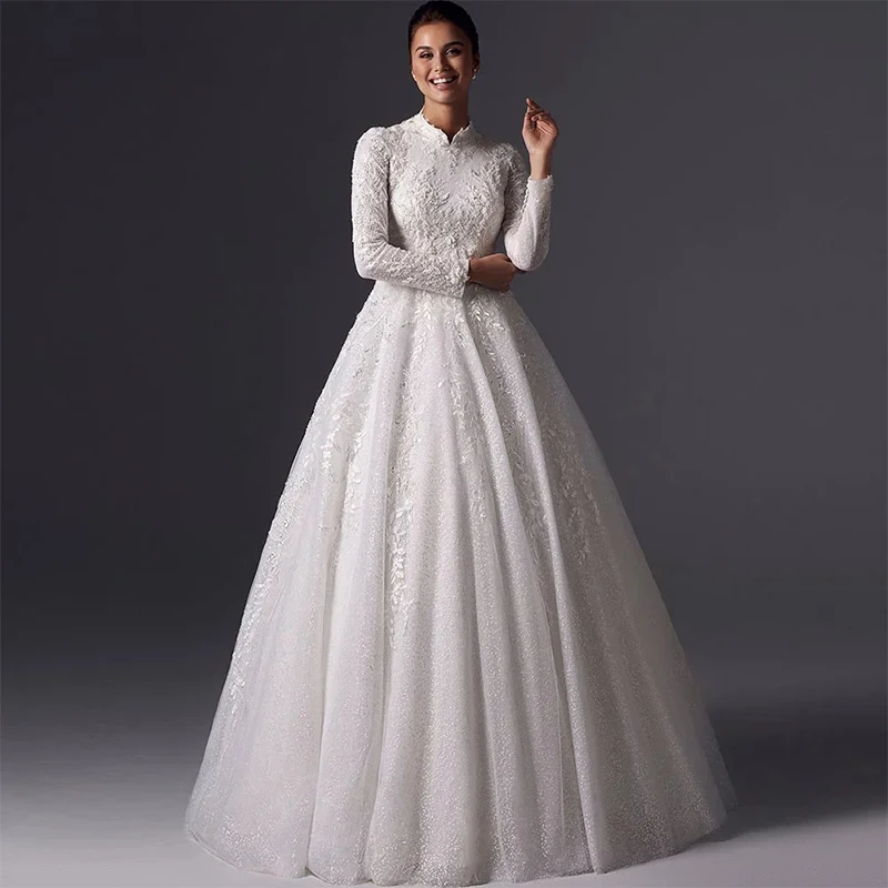 

Muslim Wedding Dress Organza With Embroidery A-Line Floor Length Ball Gown High-Neck Full Sleeve Bride Dress Customized Button