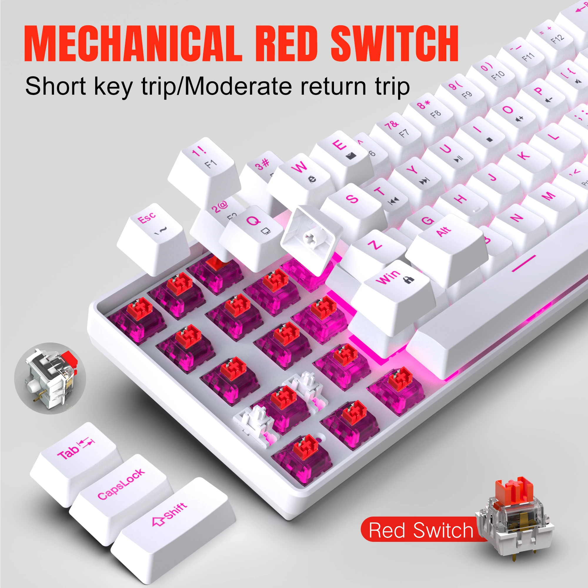 Imagem -03 - Teclado Mecânico para Jogos Led Rgb Retroiluminado Luz Rosa Hot Swappable Interruptor Vermelho Ergonómico 68 Teclas Compatível com pc Laptop Office