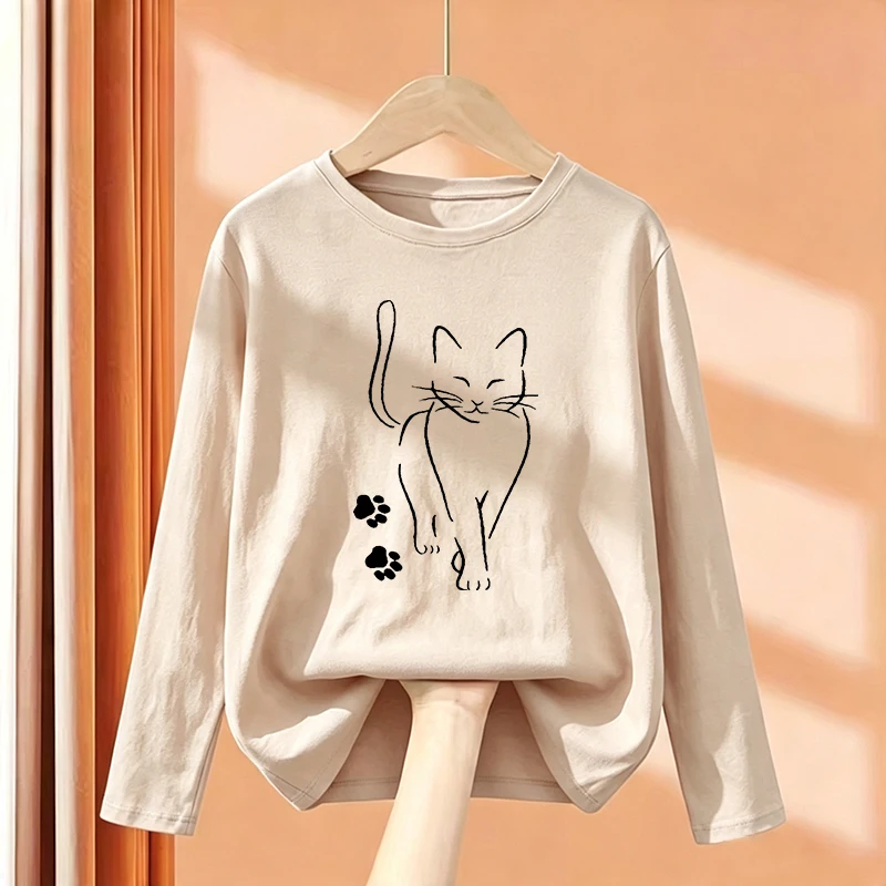 Cute Cat with Paw Kids Tshirts Autumn Long Sleeve Tees Cartoon Boys Girls Clothes Kawaii Kitten Tops Y2K Children T-shirt