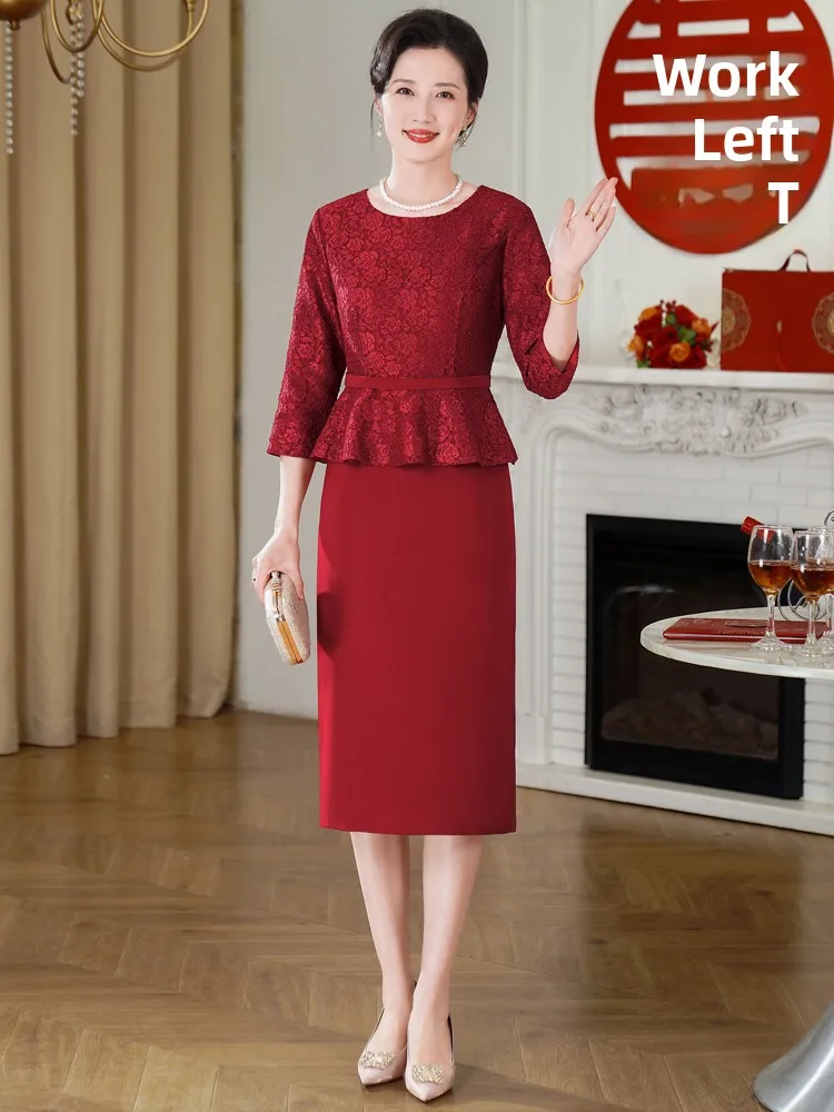 

Elegant Mid-Length Dress Autumn Winter Wedding Ensemble Fake Two-Piece Suit for Mommy Wedding Celebration High-Quality Lace