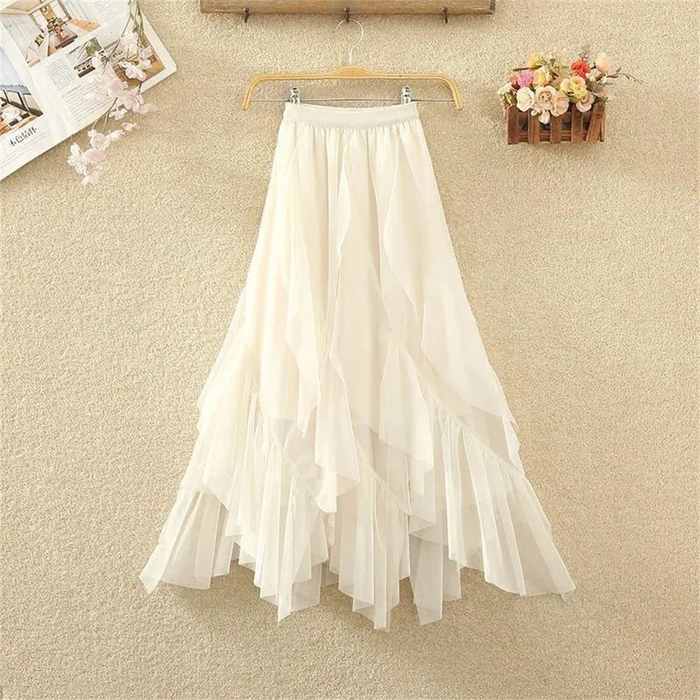 Irregular Ruffle Edge Asymmetric Mesh Casual Midi Skirt Women'S Layered Decoration High Waist Spring Summer Fall Long Skirts