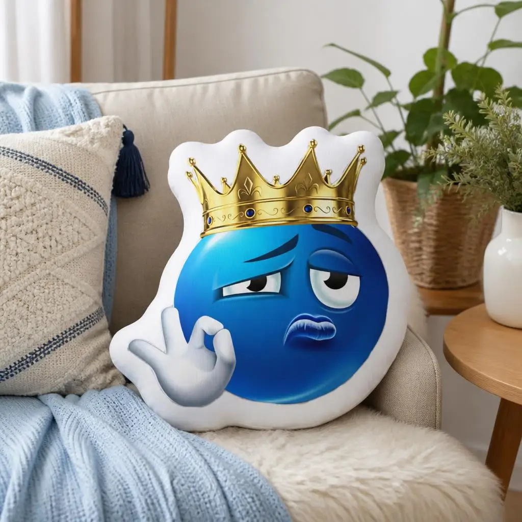 Blue Crown Emoji Face Shaped Pillow Stuffed Cushion Royal Attitude Throw Pillow for Sofa Accent Living Room Home Decor Gift