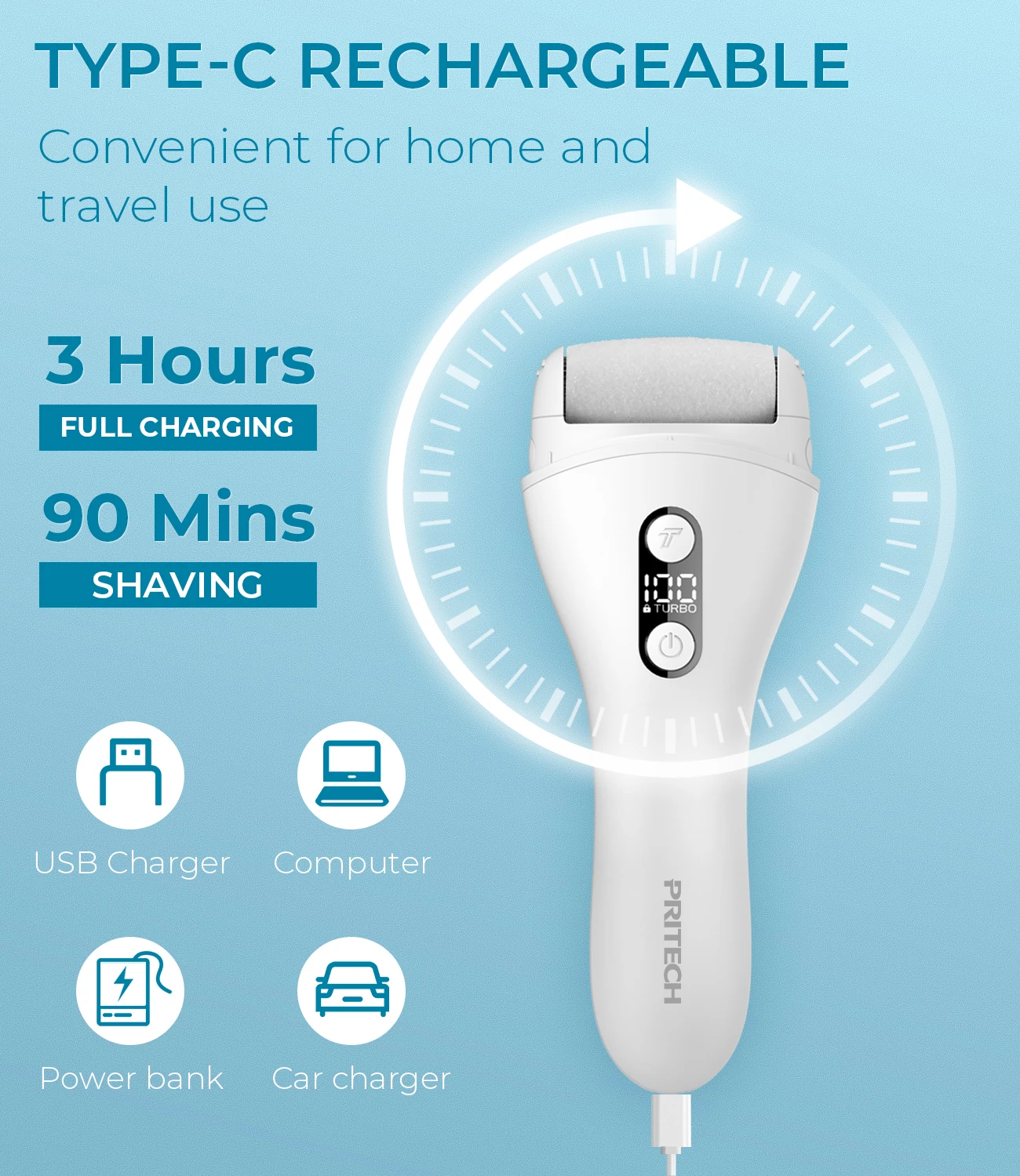 PRITECH Rechargeable Foot File Kit for Calloused Skin Removal and Pedicure with Waterproof Foot Scrubbe