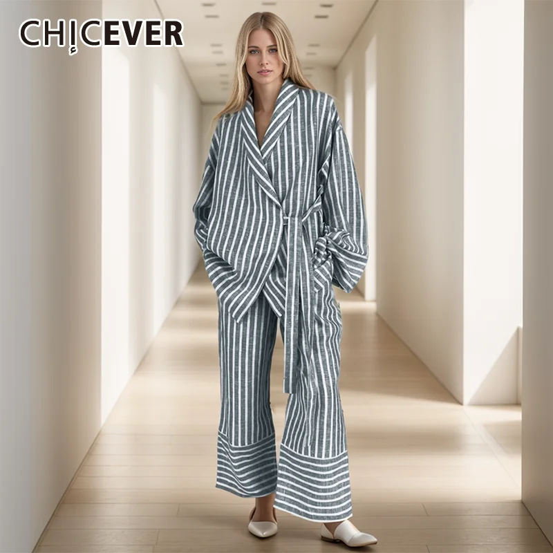 CHICEVER Casual Striped Suits For Women Lapel Long Sleeve Patchwork Lace Up Blouse High Waist Wide Leg Long Pant Sets Female New