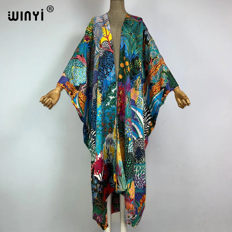 WINYI Middle East Kimono ผู้หญิง Cardigan Stitch Kimono ค็อกเทล Sexcy Boho Maxi แอฟริกันวันหยุด Batwing ผ้าไหม Robe