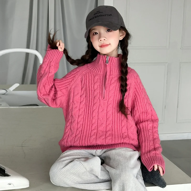 High Quality Children Turtleneck Sweater for Girl with Zipper Teenage Rose Red High Neck Knitwear Kids Half-Lock Knitted Outfit