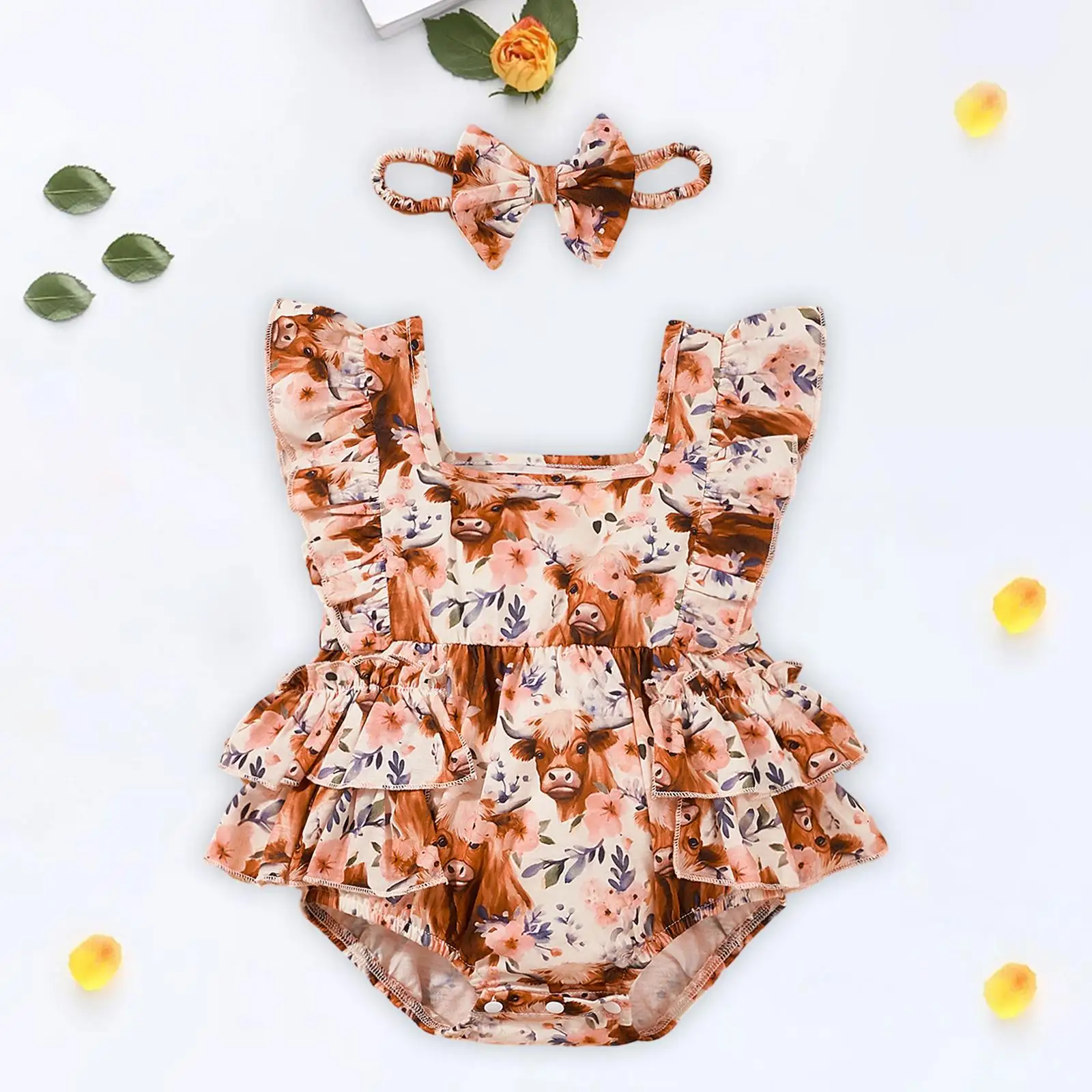 Macacão de verão para bebês, macacão floral sem mangas para meninas, roupa de bebê, tecido de poliéster respirável, conjunto para recém-nascidos, maca