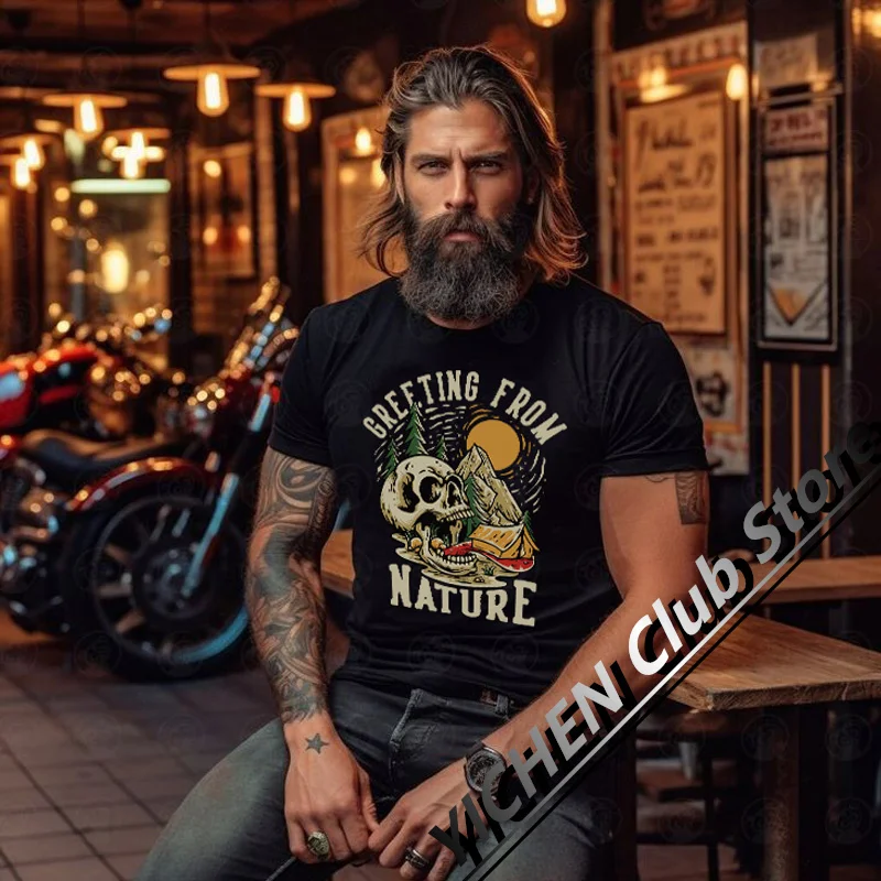 

Motorcycle T-Shirt American Retro High Street Punk Skull Cotton Short Sleeve Hip Hop Casual Loose Men's And Women's T-Shirt