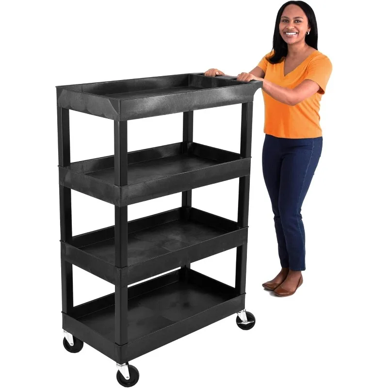 

Tubstr 4 Shelf Utility Cart Supports Up to 300 lbs - Heavy-Duty Plastic Service Push Cart with Deep Shelves and 4" Casters