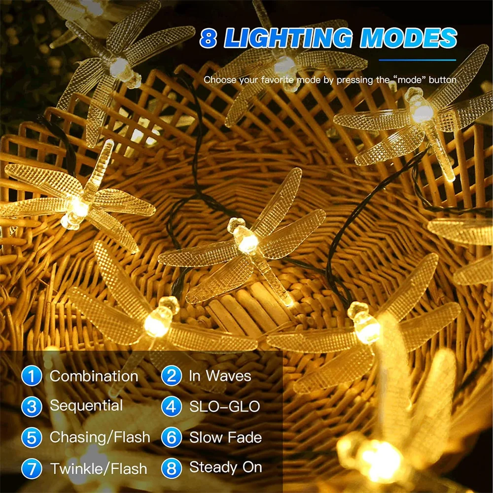 Imagem -04 - Outdoor Solar Powered Dragonfly String Lights Fairy Lights com Modos Impermeável Pátio Quintal Decoração do Natal 695