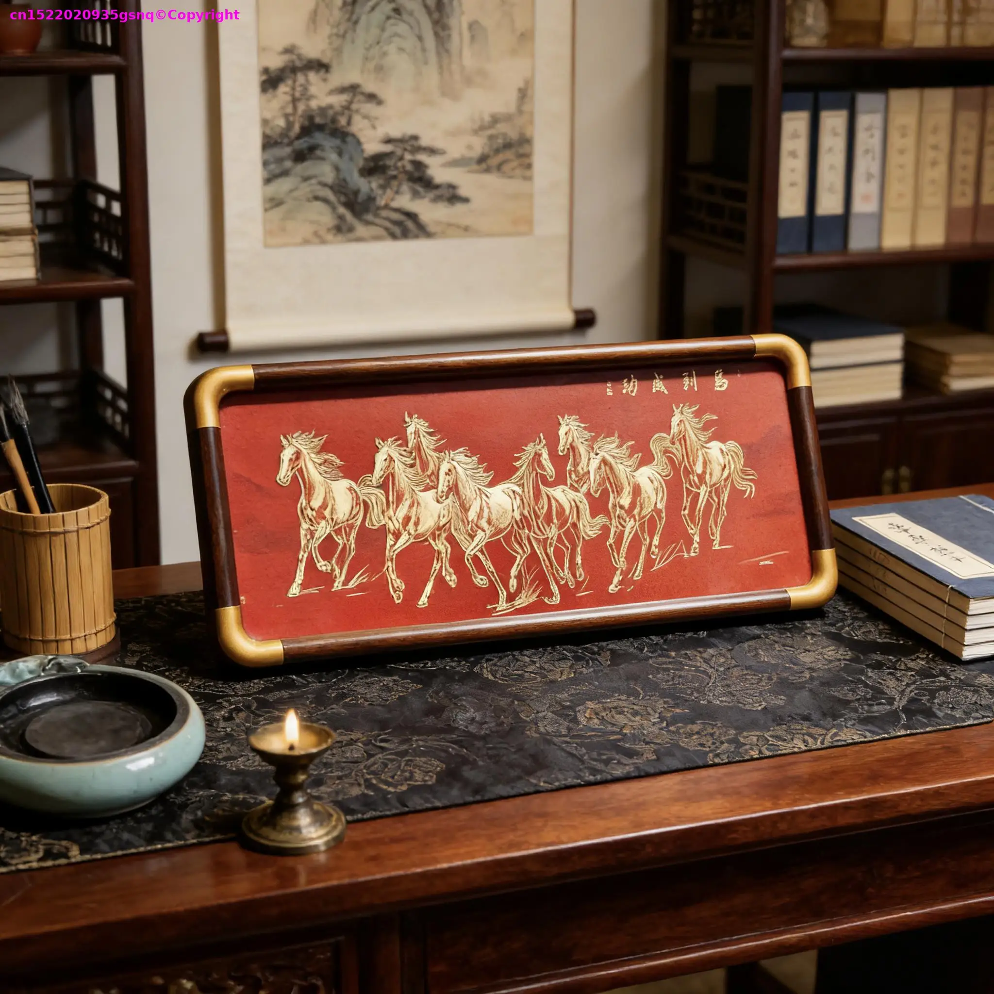2026 home office Lucky 8 horse mascot High end ornament Copper horse painting with wooden frame Recruiting wealth good luck