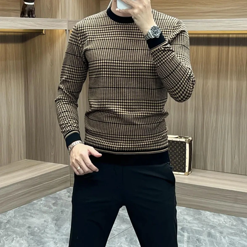 

Autumn Winter New Plaid Men Clothing T-Shirts O-Neck Contrast Color Fashion Smart Casual Trend Long Sleeve Loose Bottoming Tops