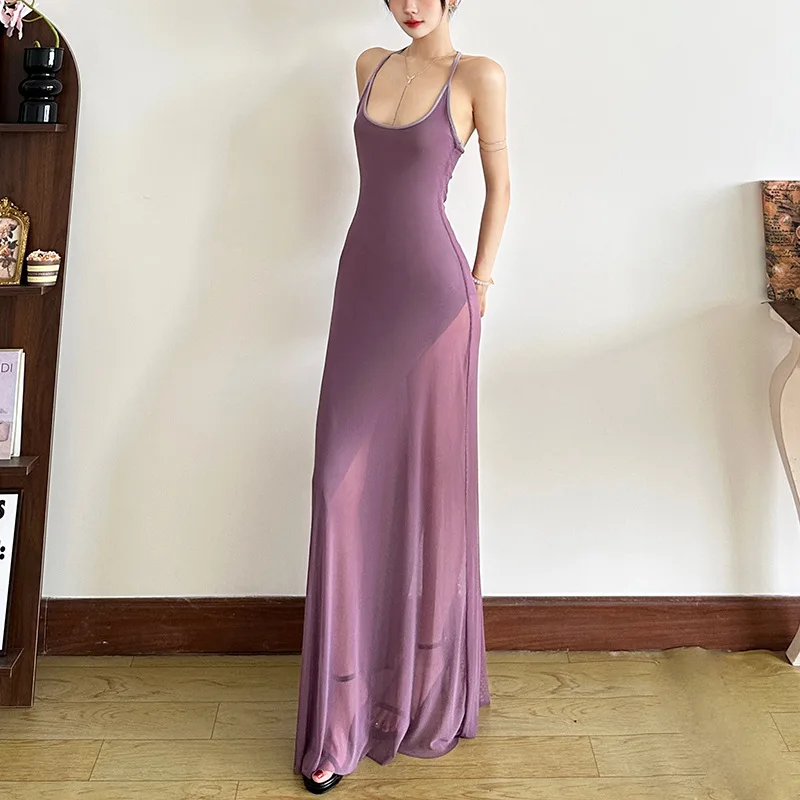 Zomer 2025, Dames Kant Off-shoulder Slim Fit Lang Dr Doorzichtig splitsontwerp Grensoverschrijdend Sle Gebreid polyester Dr