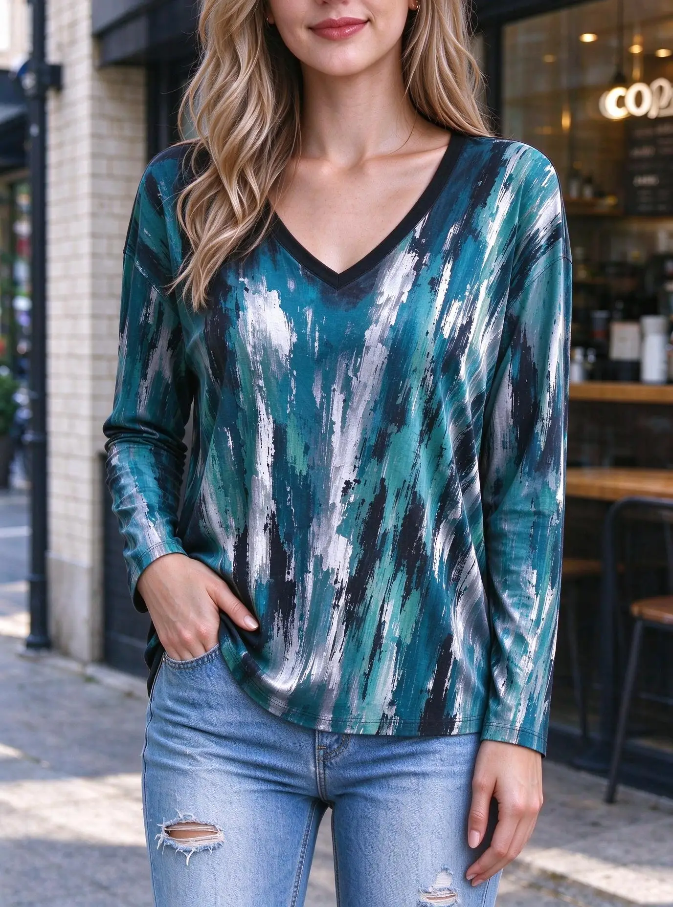 Women V Neck Long Sleeve Abstract Brush Stroke Print Casual Colorful Art Top