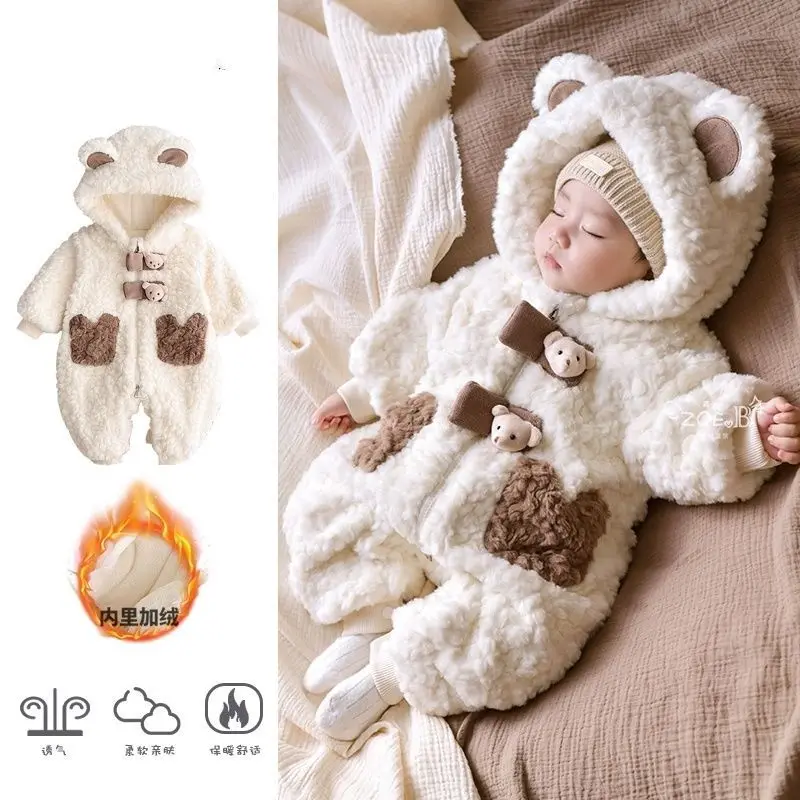 2023 Winter Baby Mädchen Jungen Niedlichen Cartoon Bär Weiche Warme Fleece Mit Kapuze Strampler Infant Kinder Langarm Overalls Overall