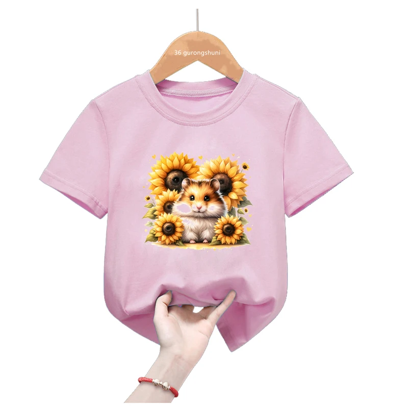 

Hamster And Sunflower Printed T Shirt For Girls Summer Fashion Kawaii Kids Clothes Harajuku Shirt Funny T-Shirt