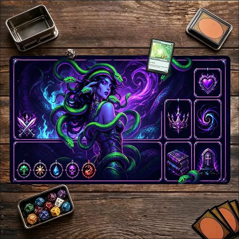 Mystic Purple Gorgon Medusa Large Game Mat Non‑Slip Rubber Playmat Dark Neon Serpent Art for Trading Card Tabletop Gaming