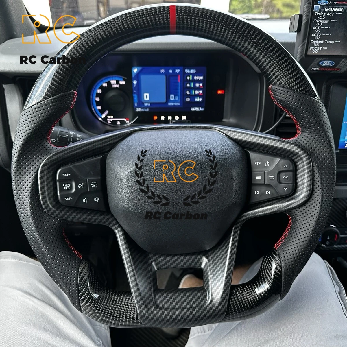 Real Carbon Fiber Steering Wheel Flat Sport Perforated Leather For Ford Bronco 2021 2022 2023 2024 Racing Sport Red Stripe
