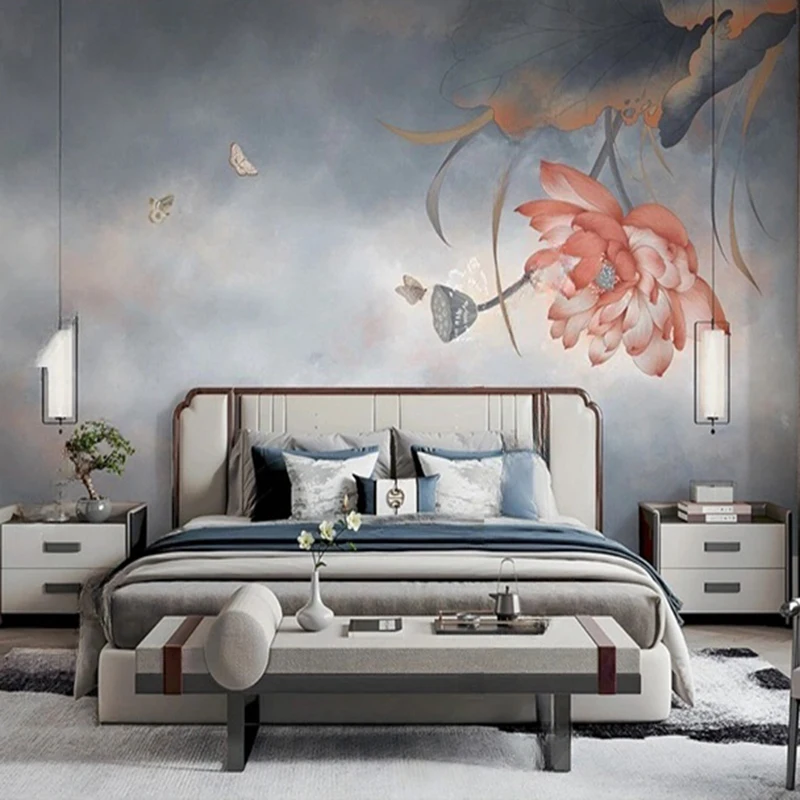 Vintage New Chinese Style Lotus Mural Wallpaper Custom Hand-Painted Ink Floral Design for Elegant Living Room Study Wall Décor