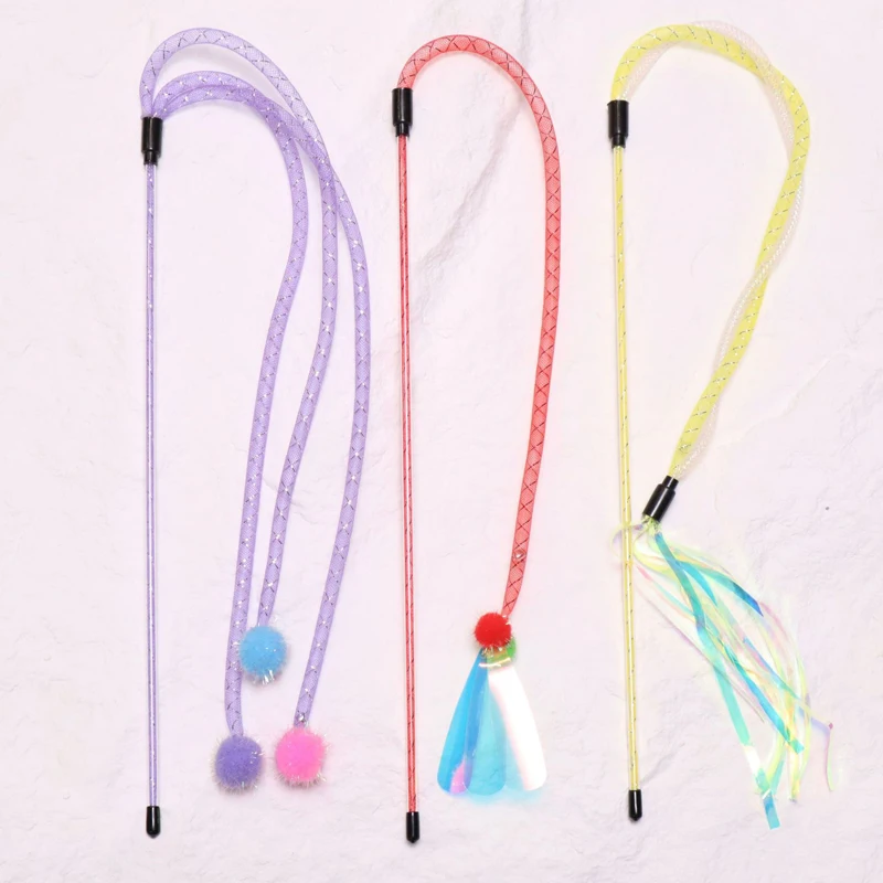 3PCS Feather Teasing Cat Stick Elastic Mesh Tube Cat Toy Rod Kitten Interactive Toys Teaser Wand