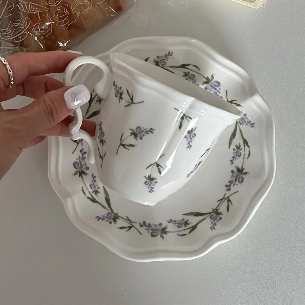 Lavender Pattern Ceramic Cup and Dish Set Household Elegant Afternoon Tea Cups Plate Two-piece Sets Coffee Cup and Dish
