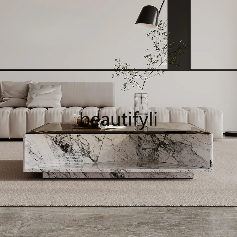 Square natural marble coffee table square tempered glass rock slab office