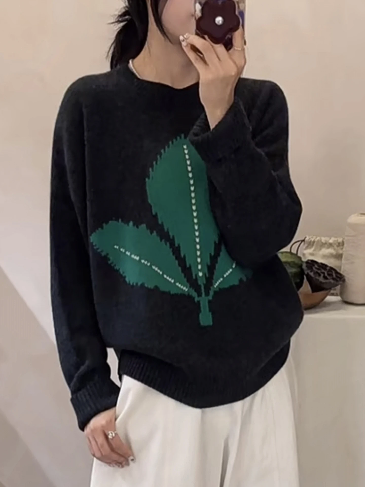 المرأة 100% ميرينو الصوف س الرقبة قاعدة متماسكة سترة ورقة الجاكار البلوز الدافئة الجلد ودية قمة المألوف الخريف الشتاء الملابس