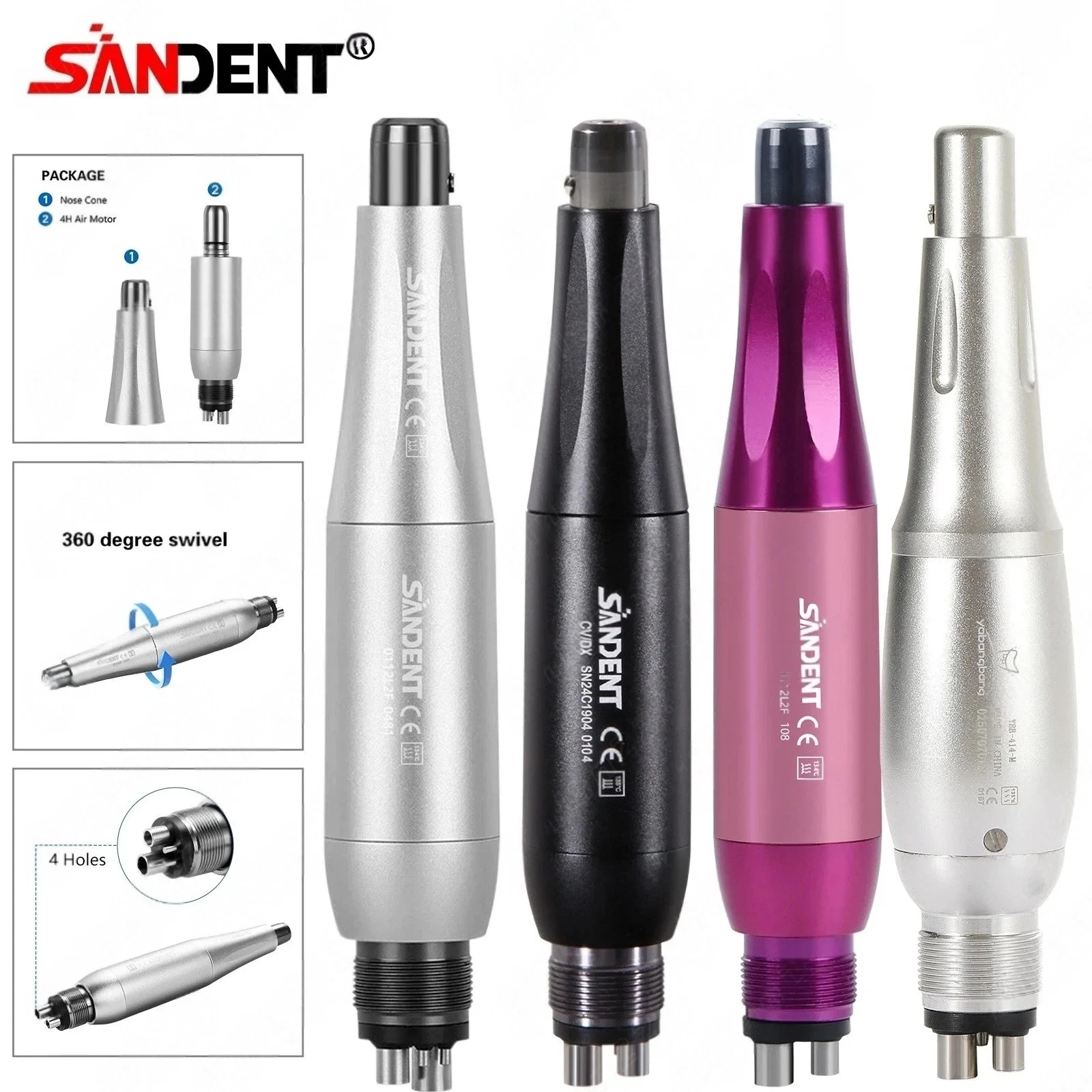 

4Types Dental Hygiene Prophy Handpiece Air Motor 4Holes 4:1 Nose Cone 360°Swivel/100PCS Prophy Angles Soft 105°