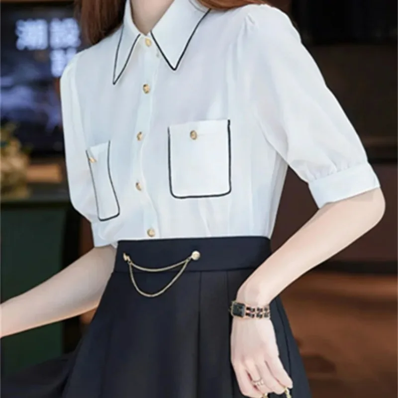 

2024New Slim Women Shirt Fashion Summer Short Sleeves Turn Down Collar Blouse Vintage Casual Pockets Button Up Fashion Cozy Tops