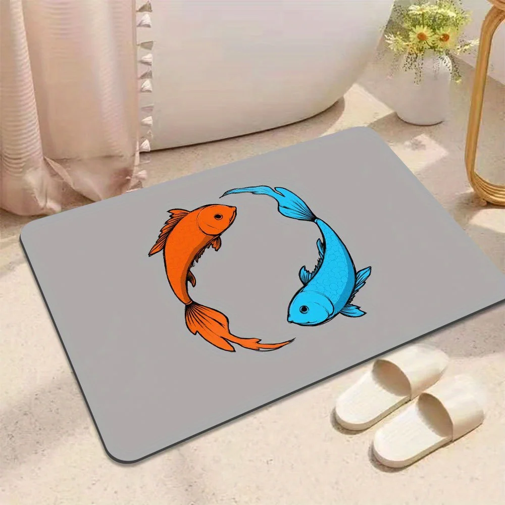 1pc Yin-Yang Koi Pattern Floor Mat, Machine Washable Polyester, Suitable for Bedroom and Living Room Decoration