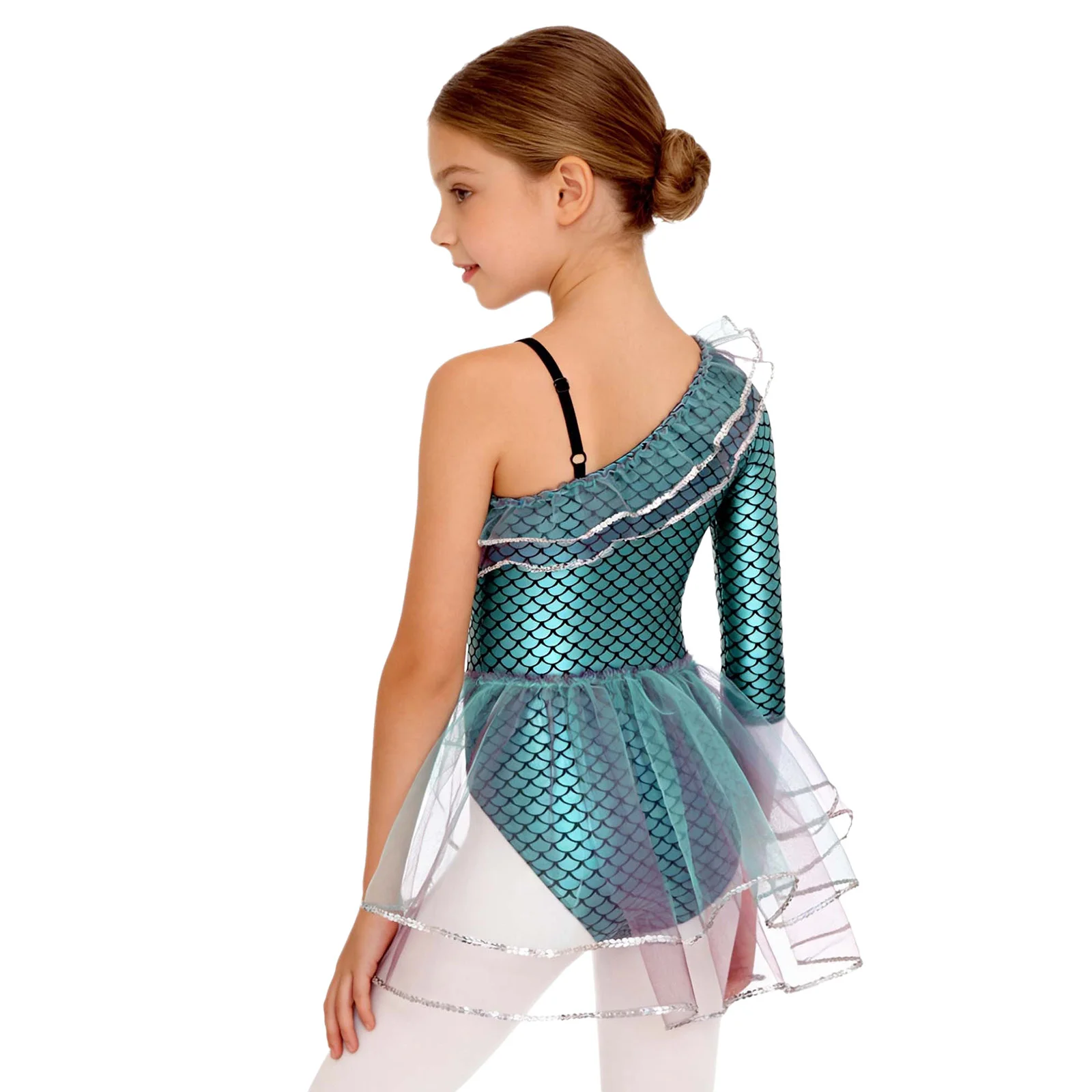 Girls Mermaid Cosplay Costume Metallic Fish Scale Long Sleeve Mesh Bodysuit Ballet Dance Gymnastics Leotard for Halloween Party