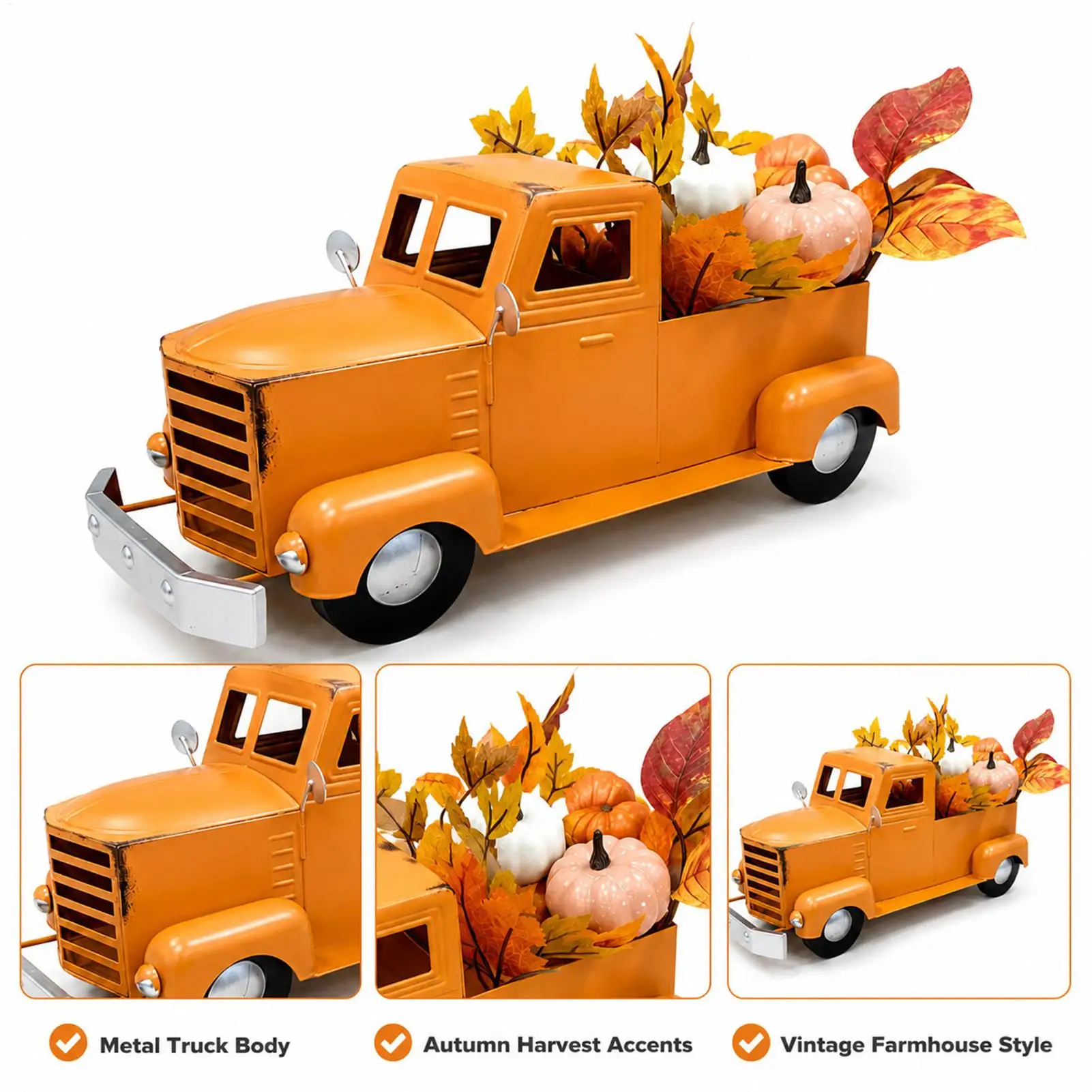 Vintage Metal Truck 32cm Thanksgiving Pumpkin Pickup Desk Decor Autumn Tabletop Centerpiece for Dining Table Fall Tiered Tray