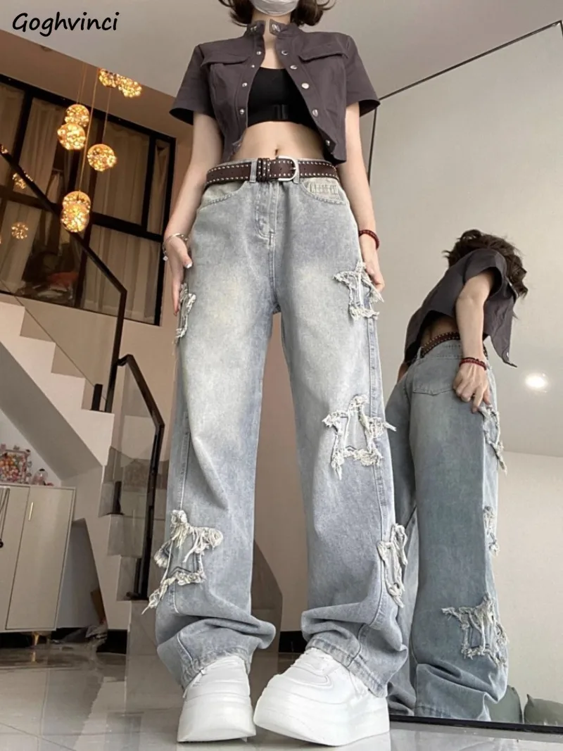 

Jeans Women Distressed Design Korean Fashion Embroidery All-match Streetwear Students Chic Spring Trousers Popular Harajuku Ins